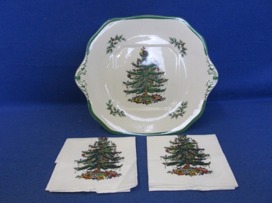 Vintage Spode Christmas Tree 11 1/2” x 9 3/4” Platter With Mock Handles & (2) Linen Napkins -