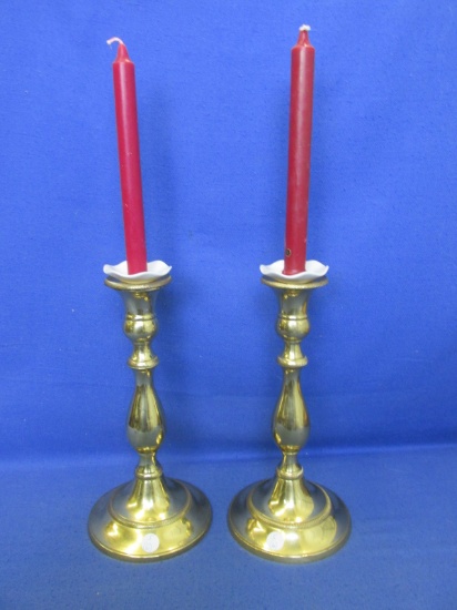 Attractive Pair Of 12” Brass Candlesticks With Lightly Fluted Porcelain Candle Collar –