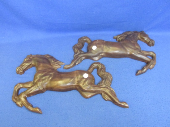 Pair Of Large Ceramic Horses 16 1/2”L x 11 1/2”H Painted Brown With Black Brindled -