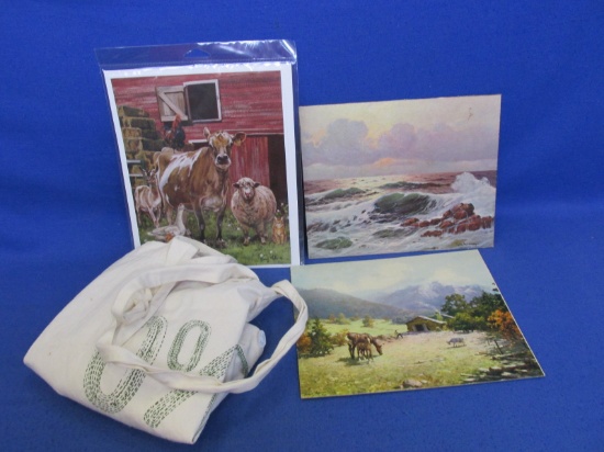 Lot Of 3 Pictures - Farm Scene 8”x10” – Ocean Scene 8”x10” – Barnyard Print 10”x 8” & 1 Cloth Bag