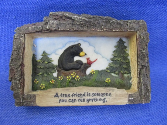 Resin Picture Relief Of A Black Bear & Cardinal True Friends By Jeff Flemming – Very Sweet -