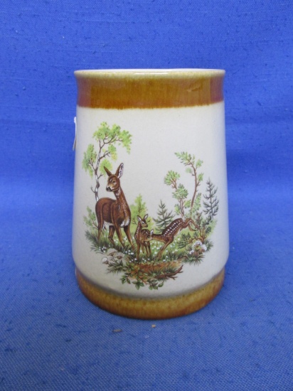 Stoneware Tankard 5 1/8”H x 5 3/4”W To Handle With A Doe & Fawns Pictured – Marked MR -