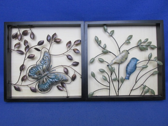 Pair Of 12”H x 12”L Pictures Containing Free Floating Metal Art (1) Of A Bird & (1) Of A Butterfly -