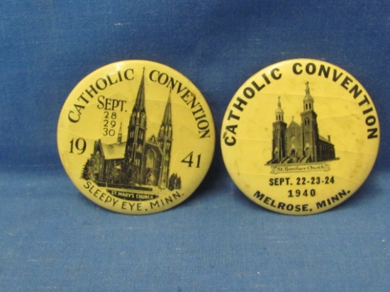 1940 & 1941 Catholic Convention Pinbacks – Sleepy Eye & Melrose MN – 1 5/8” D
