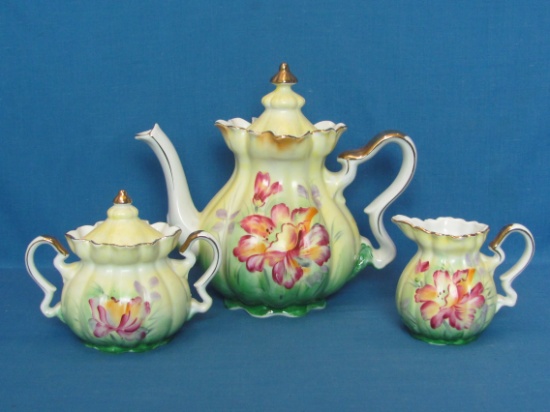 Porcelain Tea Set: Teapot, Creamer & Covered Sugar – Floral Design – Marked “Hand Painted Nippon”