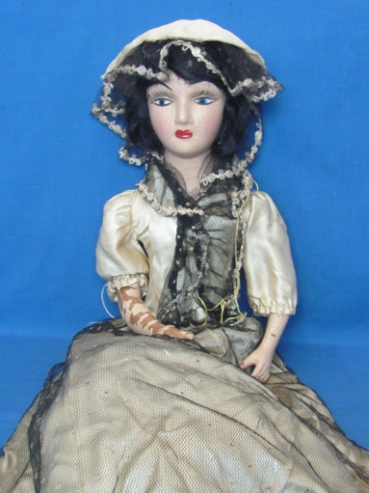 Vintage Composition Boudoir Doll – Painted Face – Satin & Lace Dress – Length about 30”