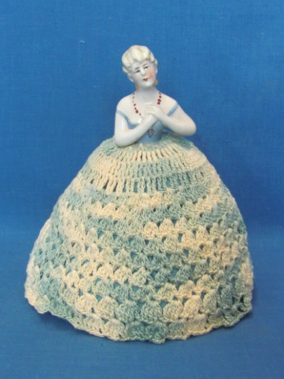 German Porcelain Half Doll Pin Cushion w Crocheted Skirt (Cushion is newer) 6 1/2” tall