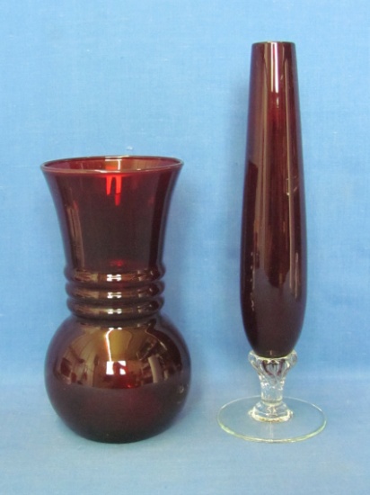 2 Red Vases – Royal Ruby by Anchor Hocking is 6 1/4” tall – Other has Clear base & 9” tall