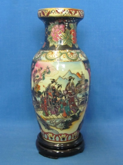 Attractive Chinese Porcelain Vase on Wood Stand – Vase is 8” tall & very colorful