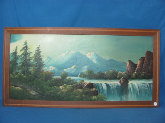 Vintage Oil Painting on on Masonite – Mountain Waterfall Scene 17” T X 33 1/2” W