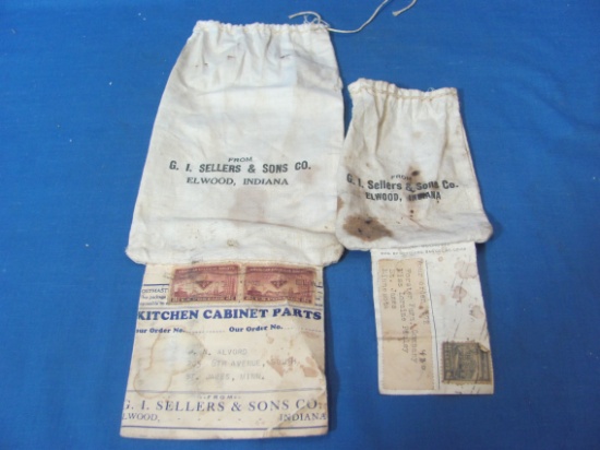 2 Vintage Cloth Bage w/ Mailing Labels & Postage for Cabinet Parts