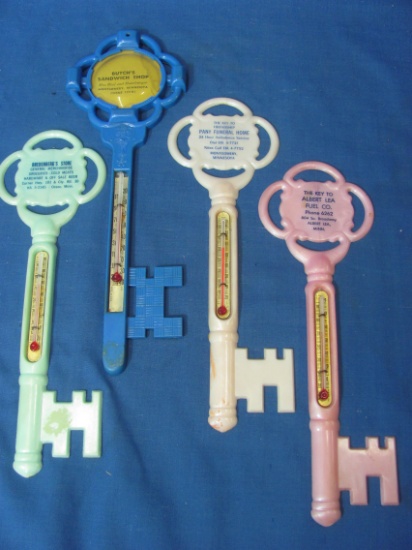 4 Vintage  Advertising Thermometers – Appx 9” L -  from -10 to 120 Degrees – Plastic Key Shaped