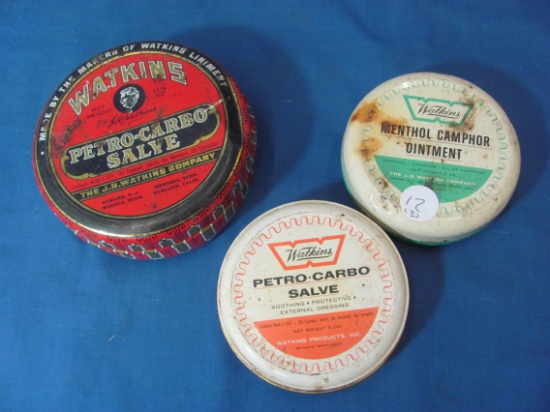 3 Vintage Tins – Watkins Petro-Carbo Salve, Menthol Caphor Ointment