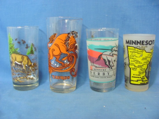 4 Vintage Glasses – Each Different – Kentucky Derby 1993, Minnesota, Taurus Sign, Deer & Pheasants