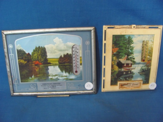 2 Vintage Advertising Pictures w/ Thermometers Anandale Bakery & Engstrom's Grocery