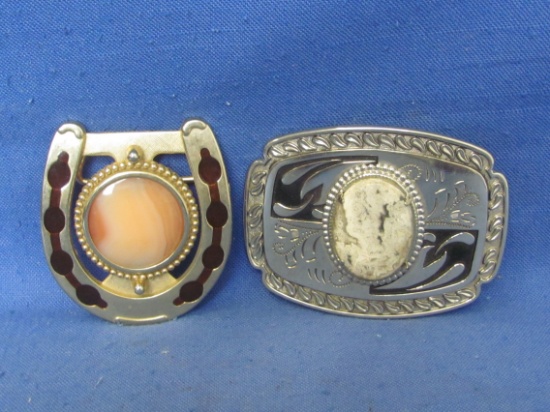 Western Belt Buckles With Stone Centers - Longest 4” - Both Nice Condition