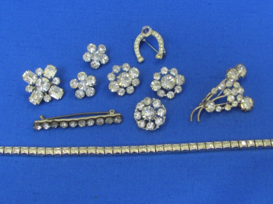 Lot of Vintage Rhinestone Jewelry – 14 1/2” Necklace – Small Pins – Bar Pin – Lions Club Pin