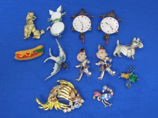 Lot of Vintage Novelty Pins: Animals – Clocks – People – Many with Rhinestones