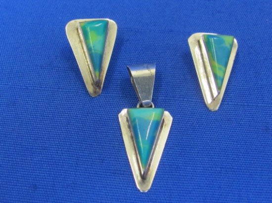 Sterling Silver Pendant & Earrings: Triangular Blue/Green Stones – Made in Mexico – 15.2 grams