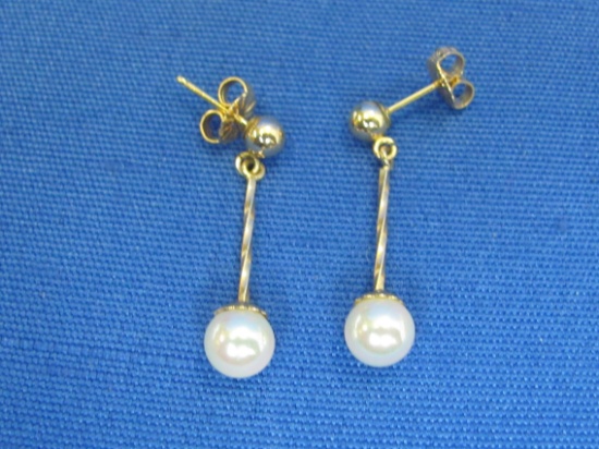 Pair of 14 Kt Gold & Pearl Earrings – Dangle 1” - Total weight is 1.6 grams