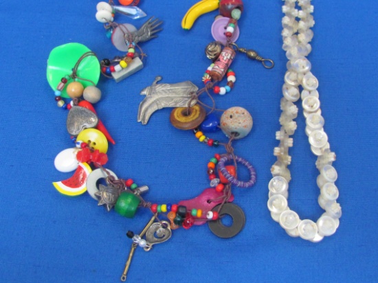 2 Handmade Necklaces – 1 from Cream Buttons – 1 with Various Beads & items