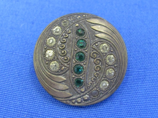 Large German Button w Green & White Stones – Marked “Gesetzlich Geschützt”  1 1/4” in diameter