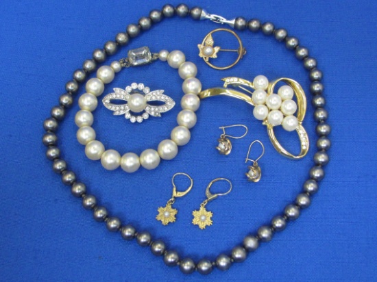 Faux Pearls: Bracelet w Sterling Silver Clasp – Necklace – Earrings & Pins