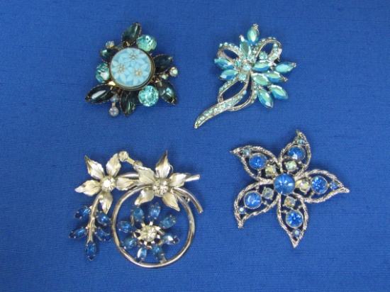 4 Vintage Rhinestone Pins/Brooches with Shades of Blue – Largest is 2 1/4” long
