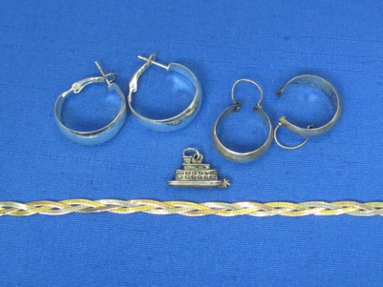Sterling Silver Bracelet, River Boat Charm & 2 Pairs of Hoop Earrings – Total weight is 16.9 grams