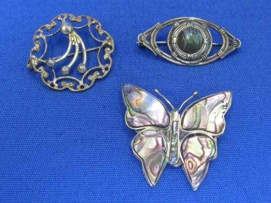 3 Sterling Silver Pins – Butterfly w Abalone – 1 w Glass Cabochon – total weight is 9.8 grams