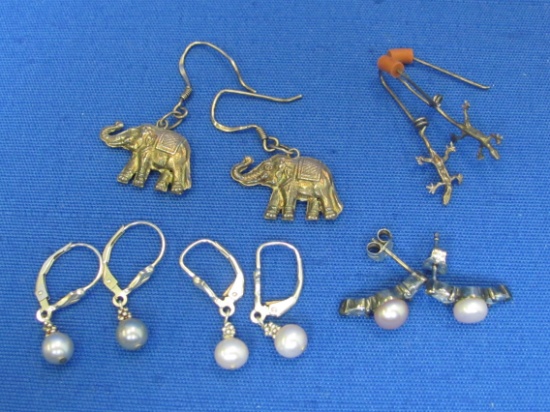 5 Pairs of Sterling Silver Earrings – Lizards – Elephants & Pearls – Total weight is 8.9 grams