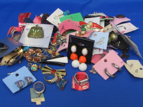 Lot of Costume Jewelry: Earrings (Most on cards or ready to sell) Pins – Rings & more