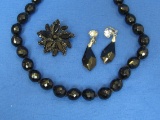 Heavy Black Glass Beaded Necklace – Pair of Clip-on Earrings – Pin/Brooch