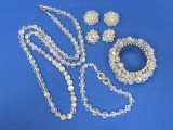 Vintage Iridescent Crystal Beaded Jewelry: 30” Necklace – 2 Bracelets – 2 Pairs of Clip-on Earrings