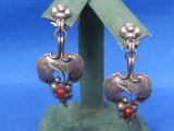 Georg Jensen Sterling Silver Earrings – 1996 – Red Stone – Made in Denmark – 1 3/4” long