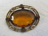 Vintage Pin/Brooch with Large Amber Glass Stone – Enamel Accents – 1 1/2” wide