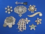 Rhinestone Pins/Brooches: Largest about 2 1/2” wide – Nice & Bright – Fun Looks