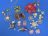 Lot of Vintage Pins & Earrings – Many Rhinestone – Enamel Poinsettia – 1 Pin made in Austria