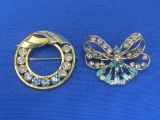 2 Vintage Gold Filled Pins with Blue & White Rhinestones – About 1 1/4” in diameter