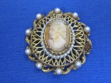 Vintage Florenza Cameo Pin/Pendant – Faux Pearls – 1 1/2” in diameter – Missing 1 pearl