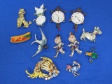 Lot of Vintage Novelty Pins: Animals – Clocks – People – Many with Rhinestones