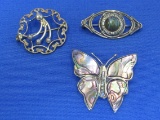 3 Sterling Silver Pins – Butterfly w Abalone – 1 w Glass Cabochon – total weight is 9.8 grams