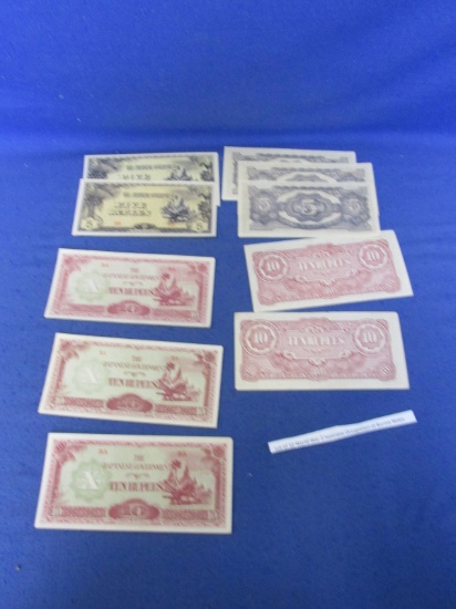 Vintage Lot Of 10 WW 2 Japanese Occupation Of Burma Notes – Please Consult Pictures -