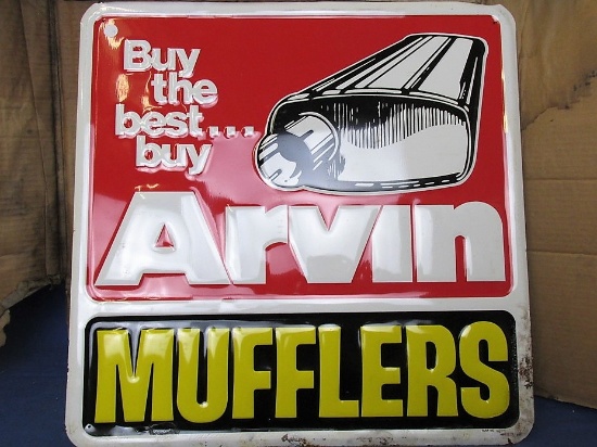 Vintage – “Arvin Mufflers” Pressed Steel Sign 24” x 24” In Original Shipping Box -
