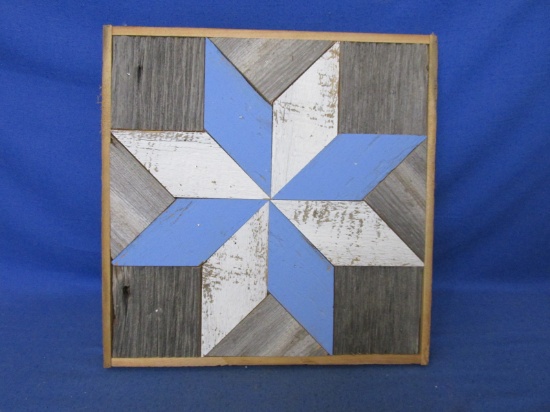 Vintage – Quilted Wooden Wall Art – Blue & White Pinwheel Inset With Weathered Wood -