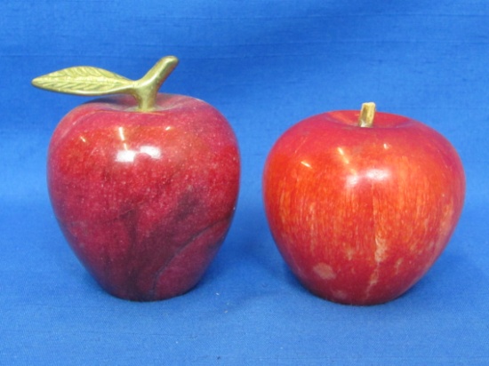 2 Marble or Stone Apple Paperweights – 1 w Brass Leaf – 1 w Wood Stem – Taller is 3”