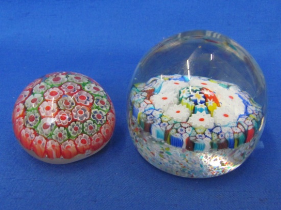 2 Glass Paperweights – Millifiori Style – Larger is 2 1/2” in diameter