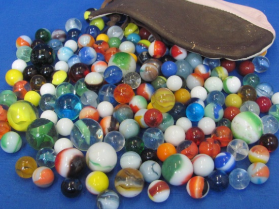 Nice Lot of Glass Marbles – Several Shooters – Leather Pouch is 6 1/2” long