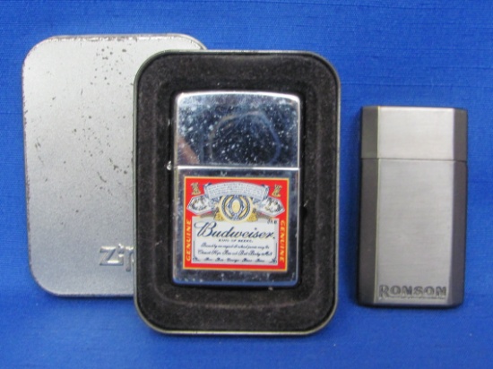 2 Lighters – Zippo with Budweiser Logo in Case – Steel Grey Ronson