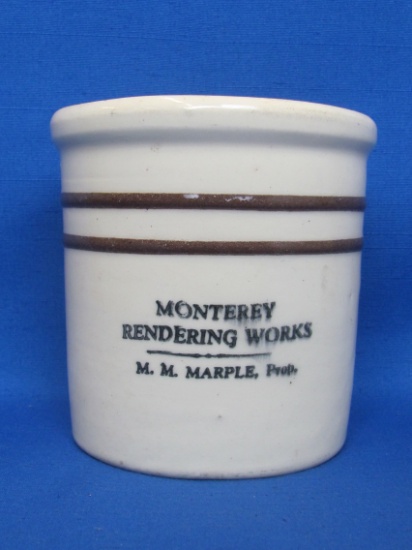 Pottery Beater Jar “Monterry Rendering Works – MM Marple, Prop” - 2 Brown Bands – 4 3/4” tall